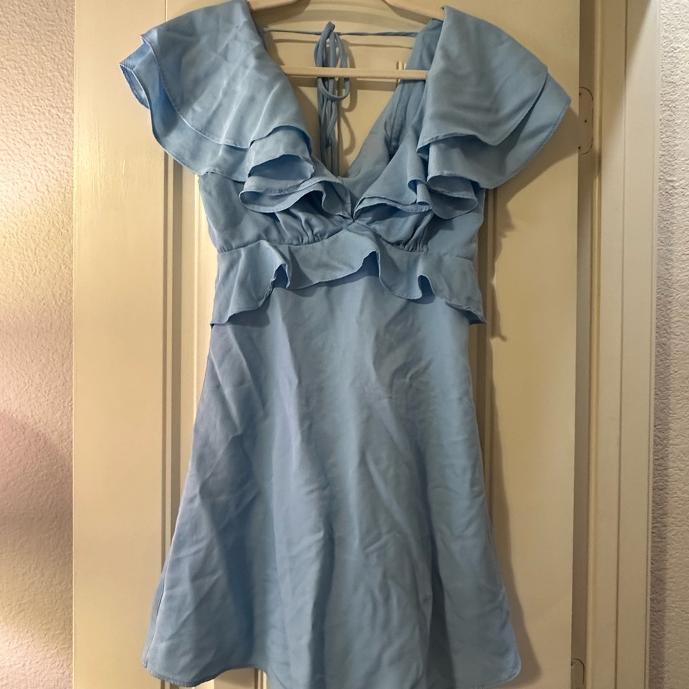 Blue Ruffled Flutter Sleeve Dress